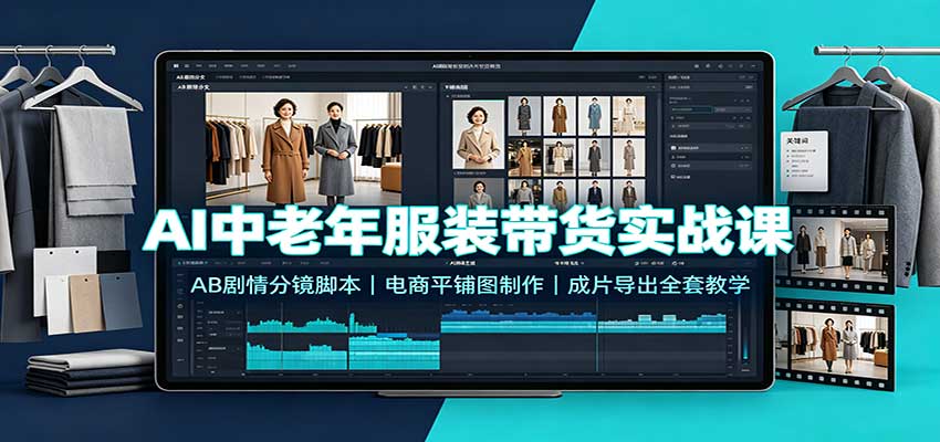 AI中老年服装带货实战课：AB剧情分镜脚本，电商平铺图制作，成片导出全套教学-佰因轻创网
