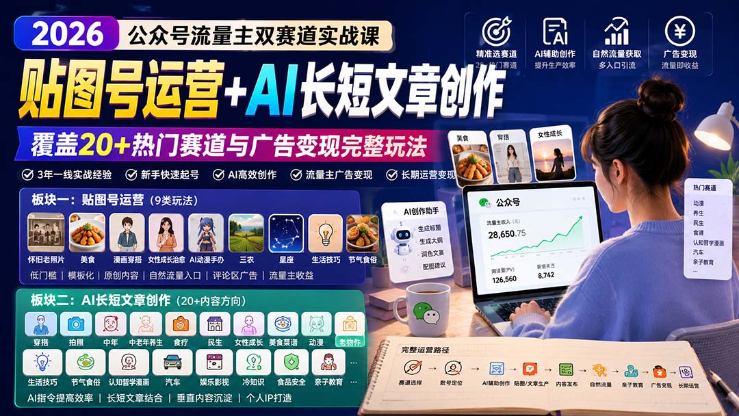 公众号流量主双赛道实战课：贴图号运营+AI长短文章创作，覆盖20+热门赛道与广告变现完整玩法-佰因轻创网