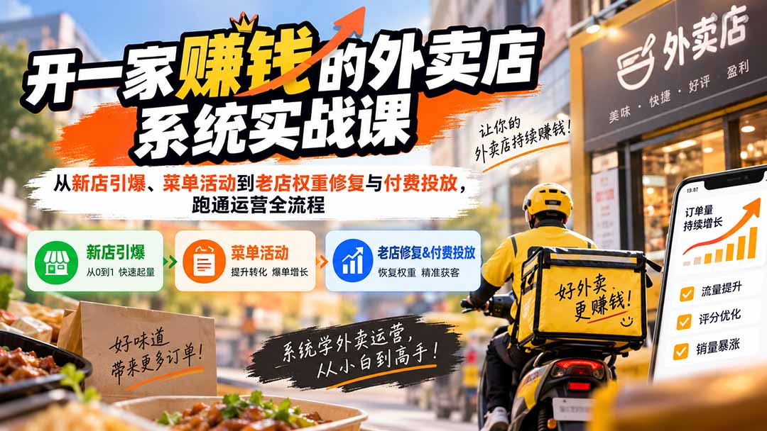 开一家赚钱的外卖店系统实战课:从新店引爆、菜单活动到老店权重修复与付费投放,跑通运营全流程-佰因轻创网