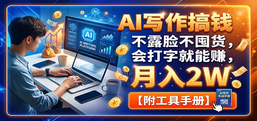 AI写作搞钱：不露脸不囤货，会打字就能赚，月入2W【附工具手册】-佰因轻创网
