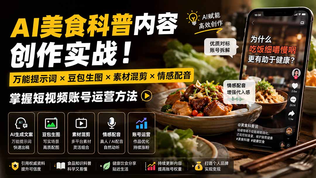 外面卖199元-AI美食科普内容创作实战！万能提示词×豆包生图×素材混剪×情感配音，掌握短视频账号运营方法-佰因轻创网