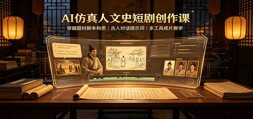 AI仿真人文史短剧创作课:穿越题材脚本构思,古人对话提示词,多工具成片教学-佰因轻创网