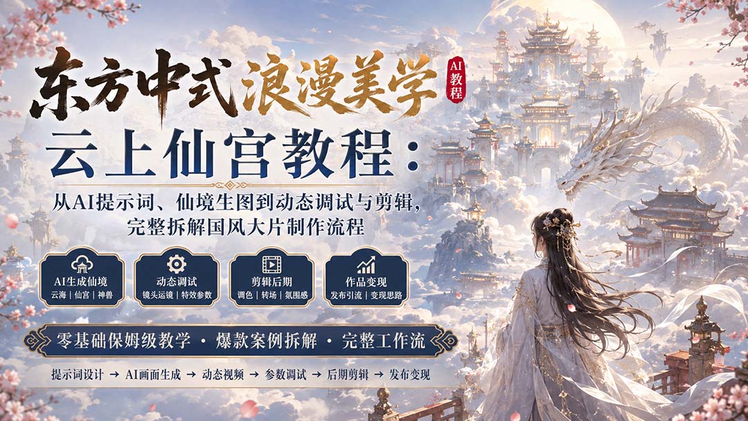 东方中式浪漫美学云上仙宫教程：从AI提示词、仙境生图到动态调试与剪辑，完整拆解国风大片制作流程-佰因轻创网