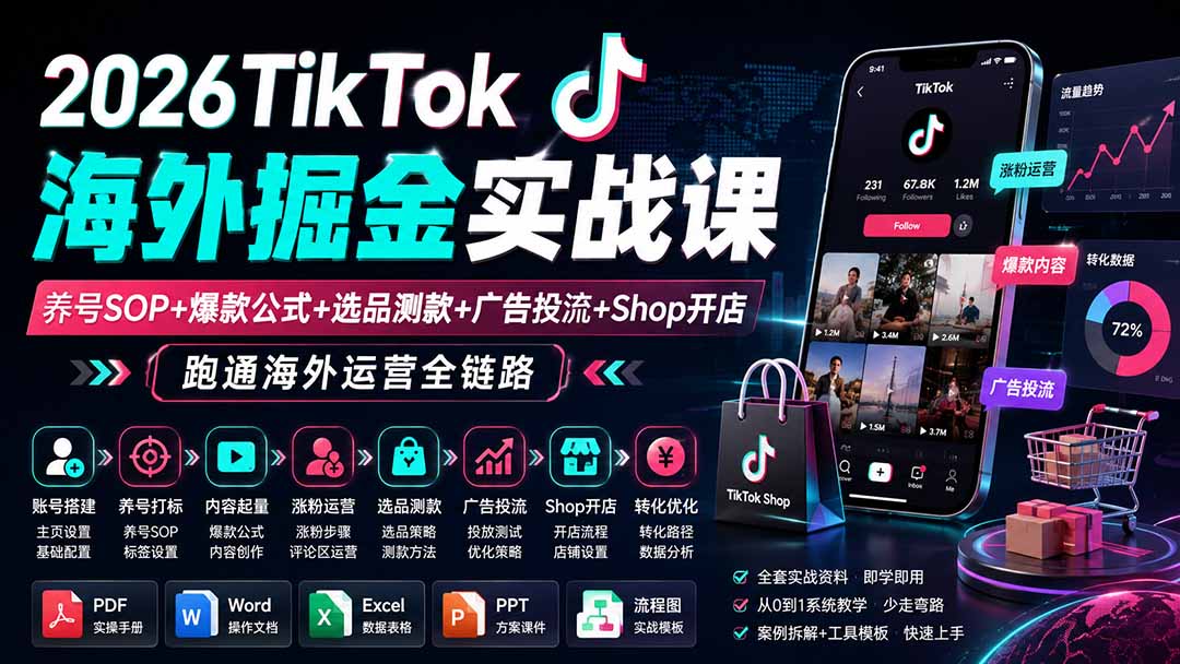 2026TikTok海外掘金实战课——养号SOP+爆款公式+选品测款+广告投流+Shop开店，跑通海外运营全链路-佰因轻创网
