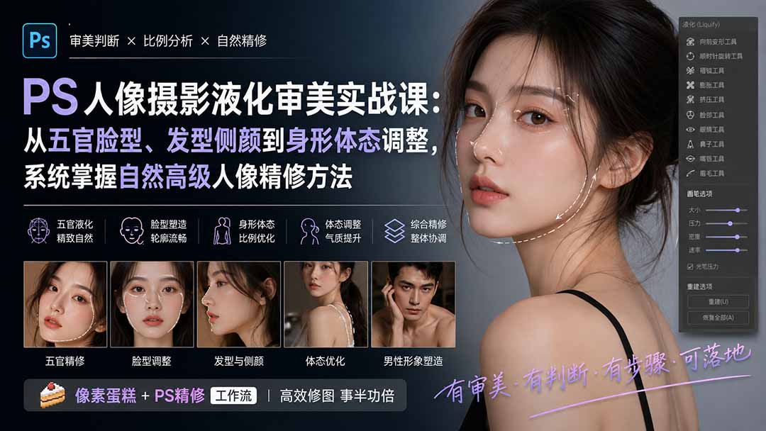 PS人像摄影液化审美实战课：从五官脸型、发型侧颜到身形体态调整，系统掌握自然高级人像精修方法-佰因轻创网