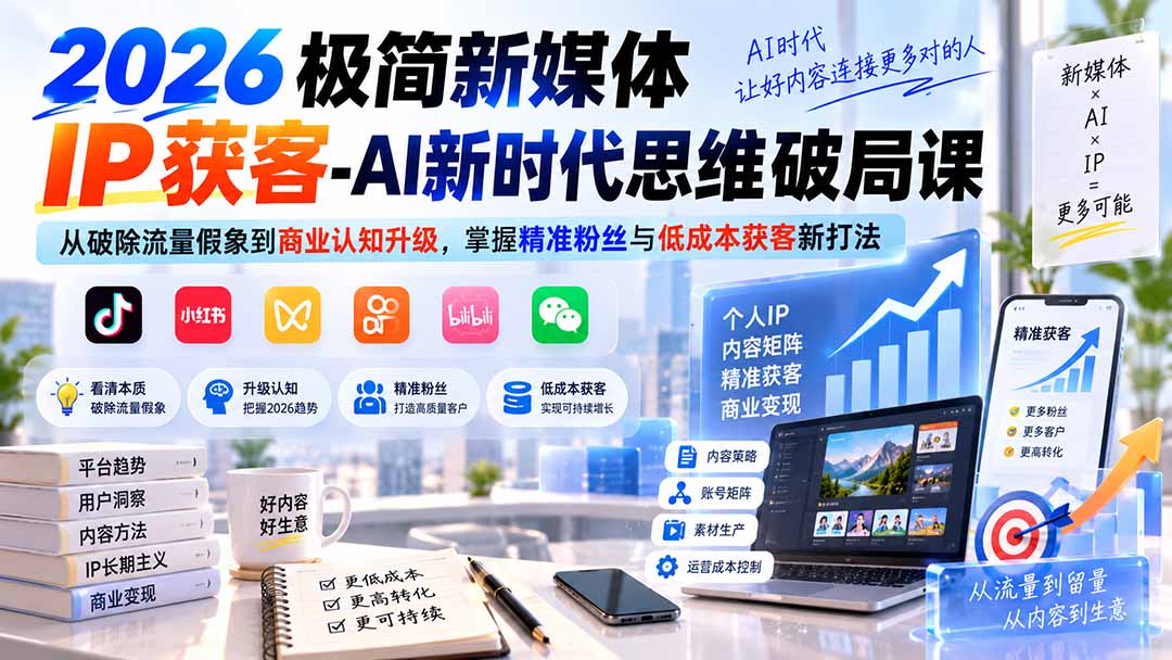 2026极简新媒体IP获客-AI新时代思维破局课：从破除流量假象到商业认知升级，掌握精准粉丝与低成本获客新打法-佰因轻创网