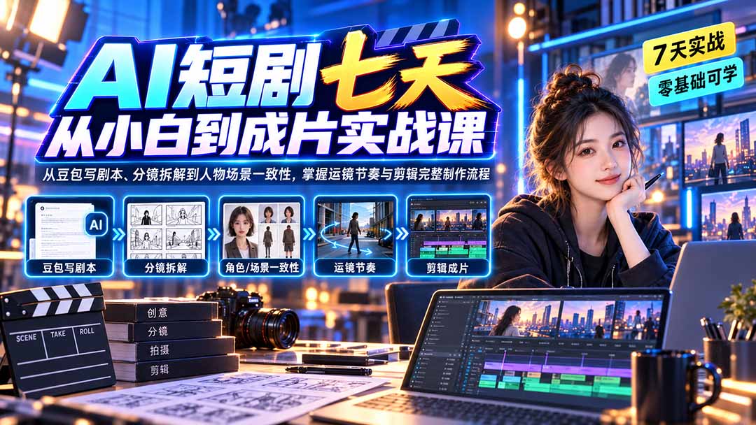 AI短剧七天从小白到成片实战课:从豆包写剧本、分镜拆解到人物场景一致性,掌握运镜节奏与剪辑完整制作流程-佰因轻创网