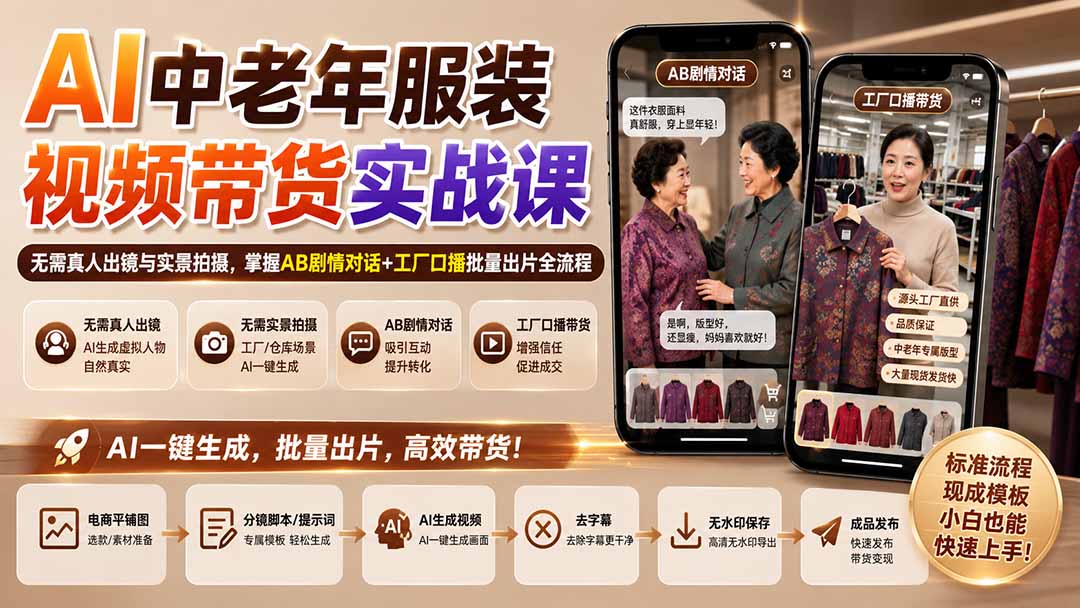 AI中老年服装视频带货实战课：无需真人出镜与实景拍摄，掌握AB剧情对话+工厂口播批量出片全流程-佰因轻创网