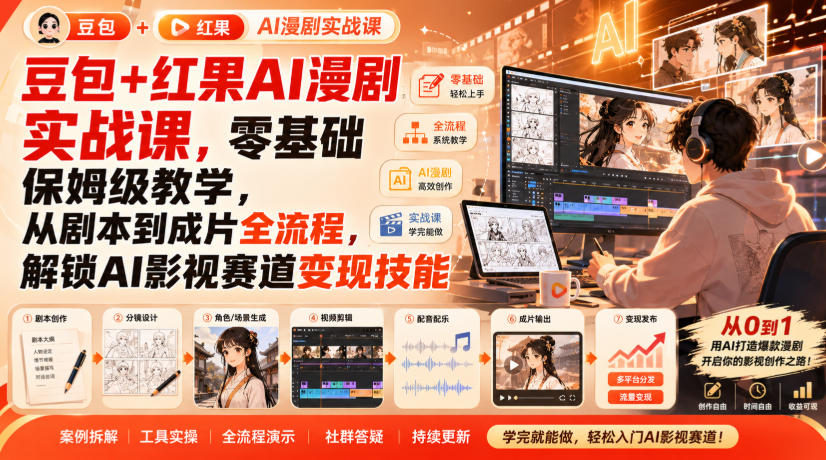 豆包+红果AI漫剧实战课,零基础保姆级教学,从剧本到成片全流程,解锁AI影视赛道变现技能-佰因轻创网