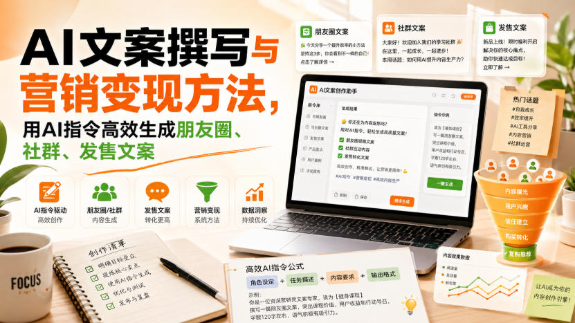 AI文案撰写与营销变现方法，用AI指令高效生成朋友圈、社群、发售文案-佰因轻创网