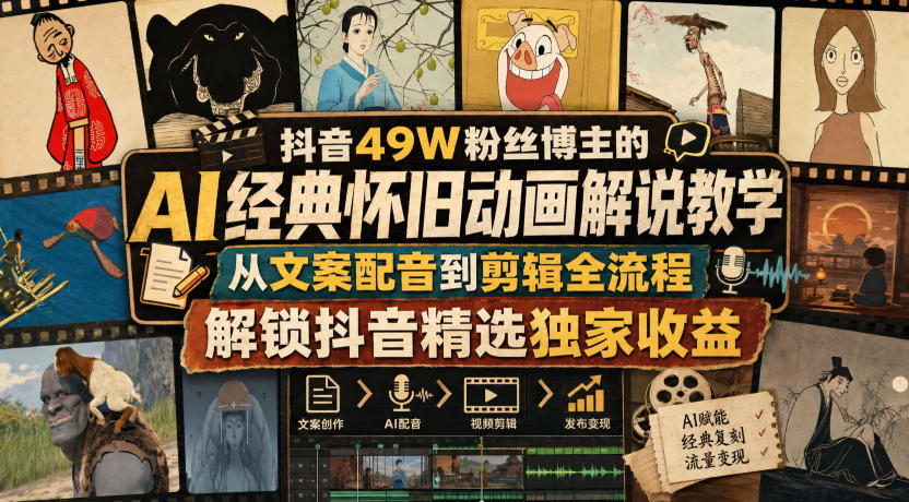 抖音49W粉丝博主的AI经典怀旧动画解说教学，从文案配音到剪辑全流程，解锁抖音精选独家收益-佰因轻创网