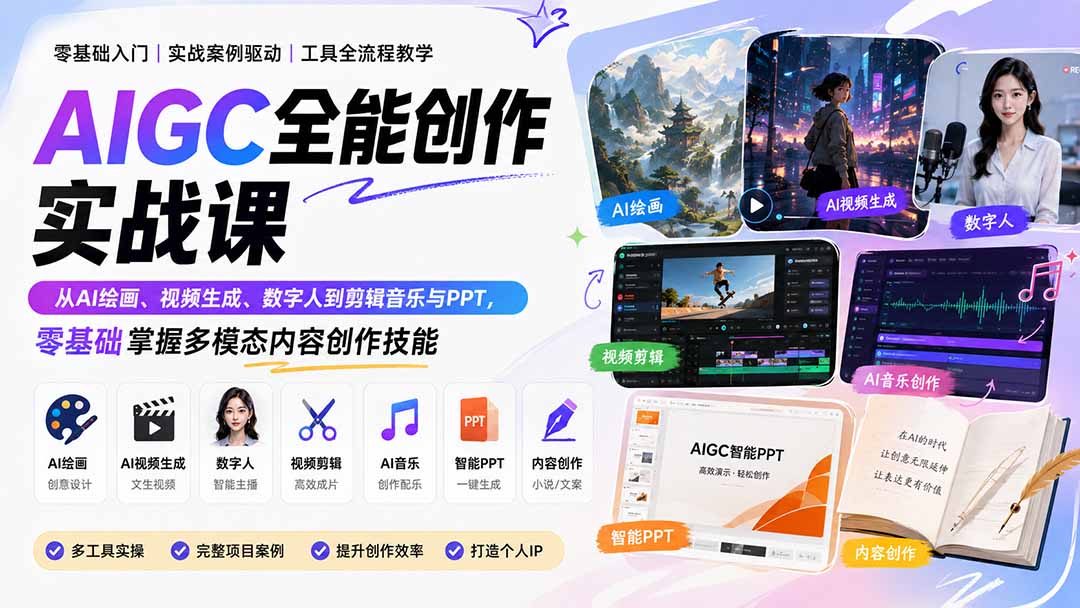 AIGC全能创作实战课：从AI绘画、视频生成、数字人到剪辑音乐与PPT，零基础掌握多模态内容创作技能-佰因轻创网