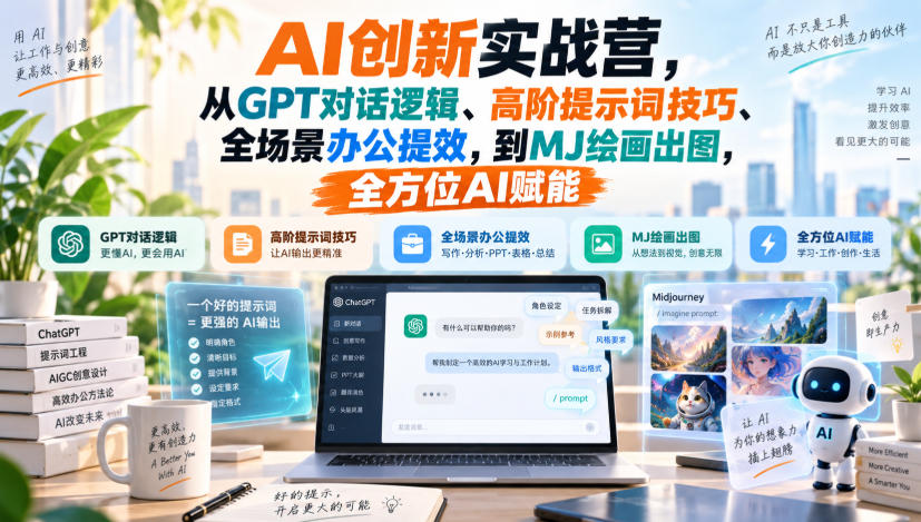 AI创新实战营，从GPT对话逻辑、高阶提示词技巧、全场景办公提效，到MJ绘画出图，全方位AI赋能-佰因轻创网