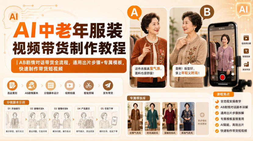 AI中老年服装视频带货制作教程｜AB剧情对话带货全流程，通用出片步骤+专属模板，快速制作带货短视频-佰因轻创网