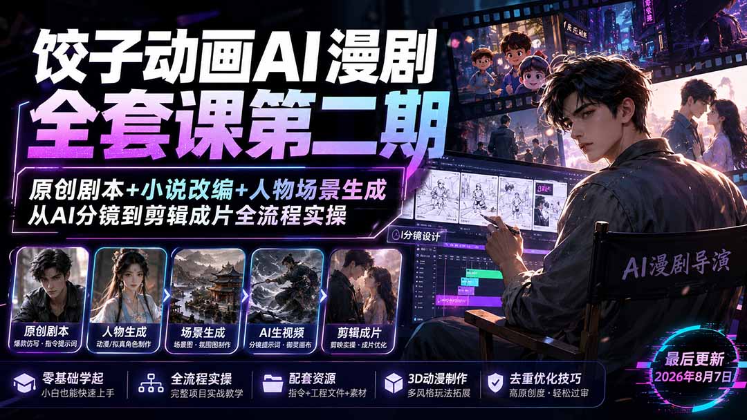 饺子动画AI漫剧全套课第二期：原创剧本+小说改编+人物场景生成，从AI分镜到剪辑成片全流程实操-佰因轻创网
