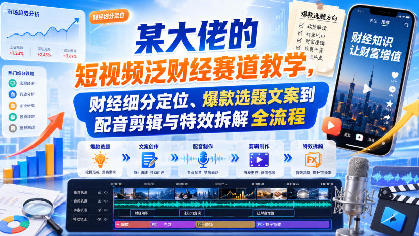 某大佬的短视频泛财经赛道教学，财经细分定位、爆款选题文案到配音剪辑与特效拆解全流程-佰因轻创网
