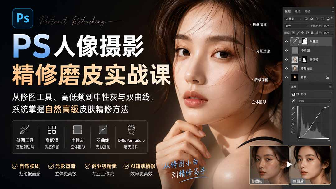 PS人像摄影精修磨皮实战课:从修图工具、高低频到中性灰与双曲线,系统掌握自然高级皮肤精修方法-佰因轻创网
