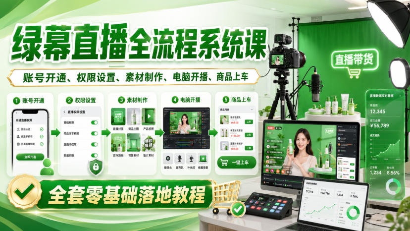 绿幕直播全流程系统课,账号开通、权限设置、素材制作、电脑开播、商品上车全套零基础落地教程-佰因轻创网