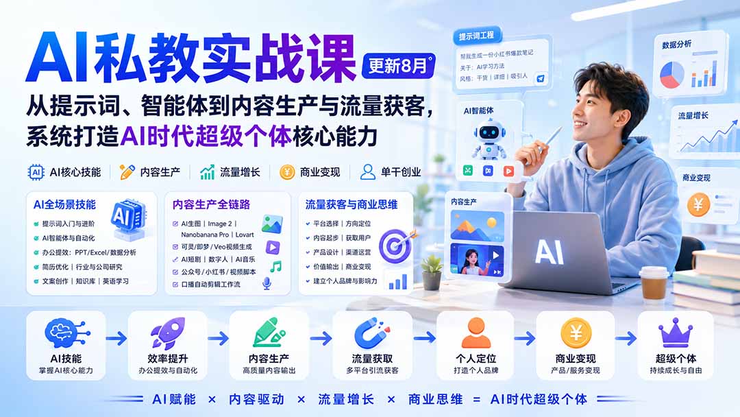 AI私教实战课-更新8月：从提示词、智能体到内容生产与流量获客，系统打造AI时代超级个体核心能力-佰因轻创网