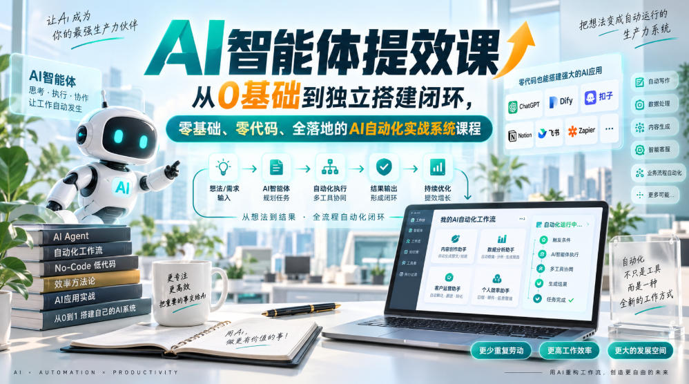 AI智能体提效课，从0基础到独立搭建闭环，零基础、零代码、全落地的AI自动化实战系统课程-佰因轻创网