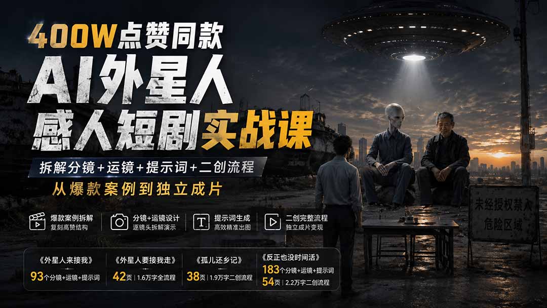 400W点赞同款AI外星人感人短剧实战课：拆解分镜+运镜+提示词+二创流程，从爆款案例到独立成片-佰因轻创网