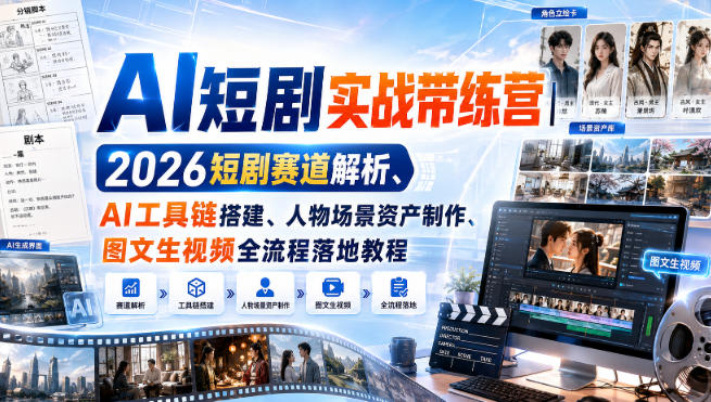 AI短剧实战带练营｜2026短剧赛道解析、AI工具链搭建、人物场景资产制作、图文生视频全流程落地教程-佰因轻创网