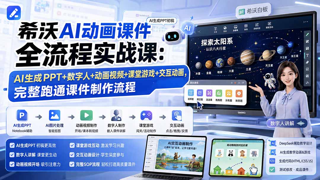 希沃AI动画课件全流程实战课：AI生成PPT+数字人+动画视频+课堂游戏+交互动画，完整跑通课件制作流程-佰因轻创网