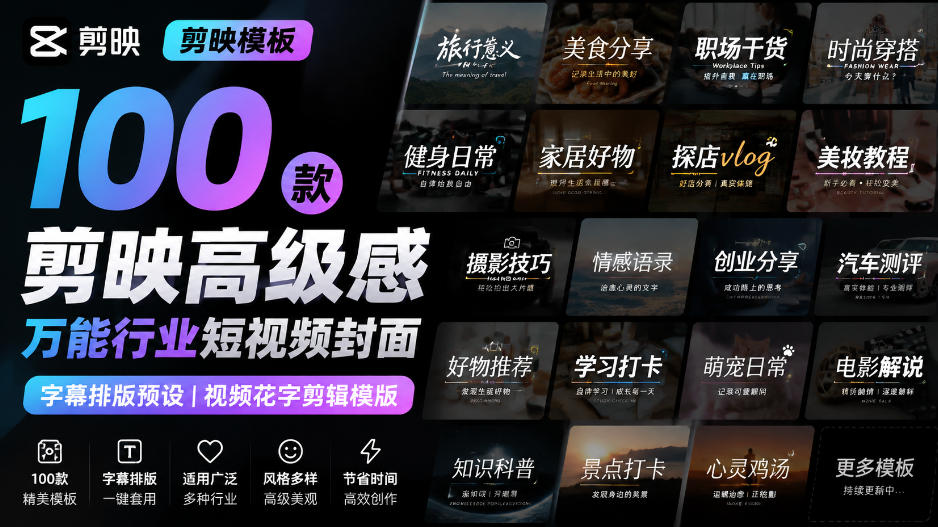 【剪映模板】100款剪映高级感万能行业短视频封面字幕排版预设视频花字剪辑模版-佰因轻创网