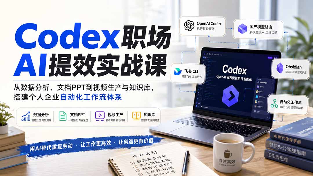 Codex职场AI提效实战课：从数据分析、文档PPT到视频生产与知识库，搭建个人企业自动化工作流体系-佰因轻创网