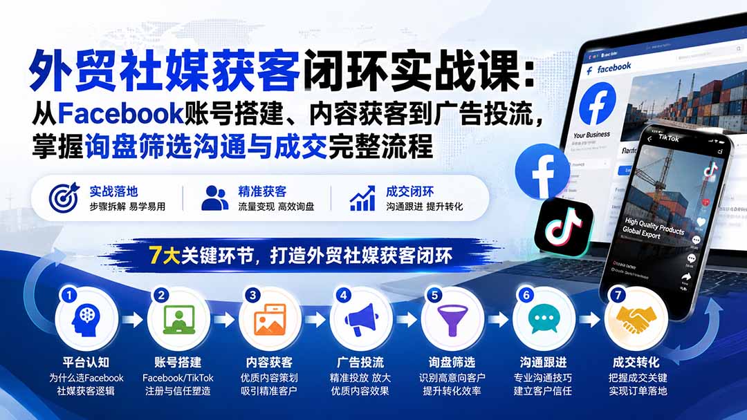 外贸社媒获客闭环实战课：从Facebook账号搭建、内容获客到广告投流，掌握询盘筛选沟通与成交完整流程-佰因轻创网