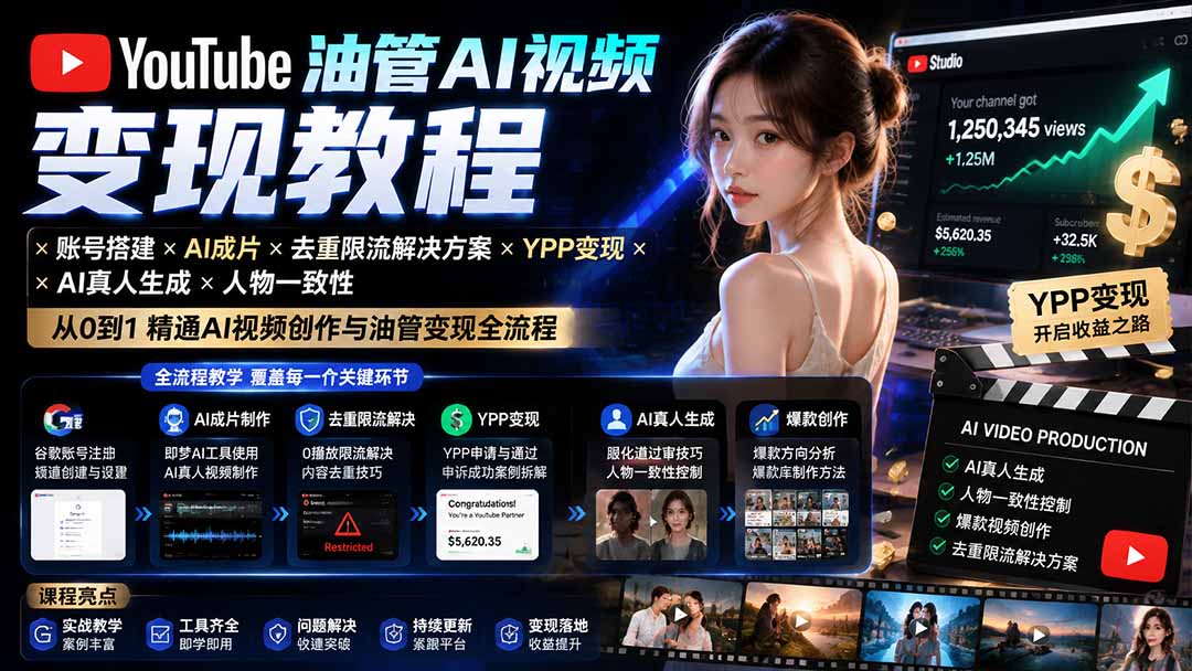 YouTube油管AI视频变现教程-更新：账号搭建×AI成片×去重限流解决方案×YPP变现×AI真人生成×人物一致性-佰因轻创网