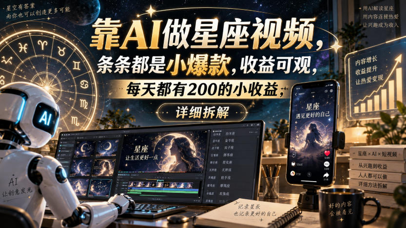 靠AI做星座视频，条条都是小爆款，收益可观，每天都有200的小收益，详细拆解-佰因轻创网