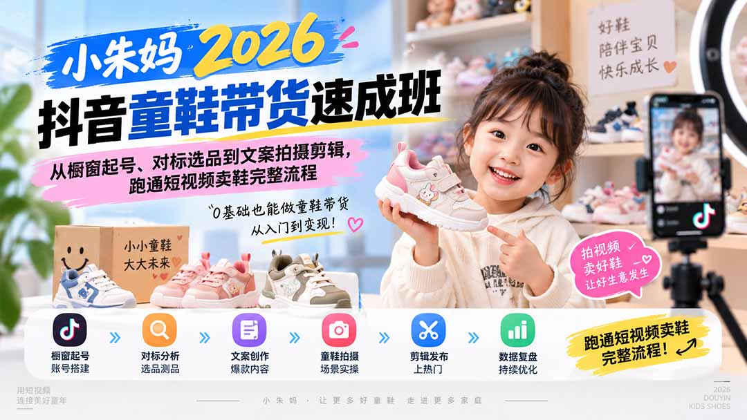 小朱妈2026抖音童鞋带货速成班：从橱窗起号、对标选品到文案拍摄剪辑，跑通短视频卖鞋完整流程-佰因轻创网