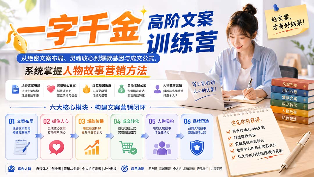 一字千金高阶文案训练营：从绝密文案布局、灵魂收心到爆款基因与成交公式，系统掌握人物故事营销方法-佰因轻创网