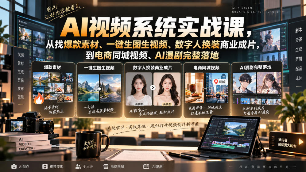 AI视频系统实战课，从找爆款素材、一键生图生视频、数字人换装商业成片，到电商同城视频、AI漫剧完整落地-佰因轻创网