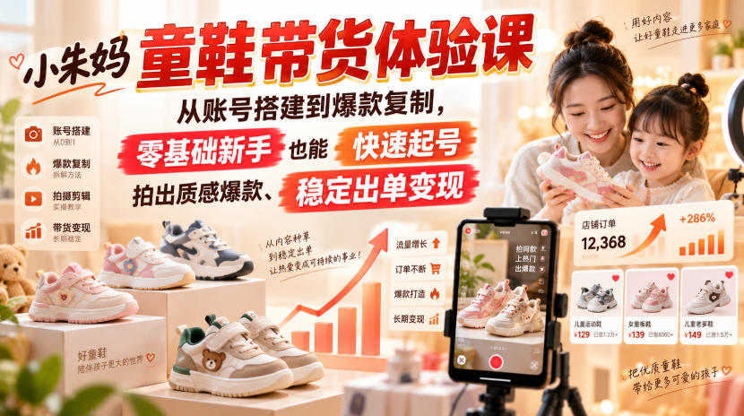小朱妈童鞋带货体验课，从账号搭建到爆款复制，零基础新手也能快速起号、拍出质感爆款、稳定出单变现-佰因轻创网