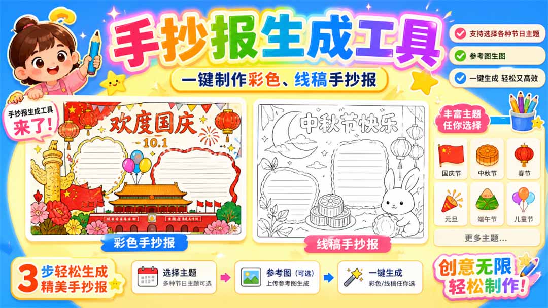 手抄报批量生成工具来了，完全免费，告别豆包生图，这个高清无水印-佰因轻创网