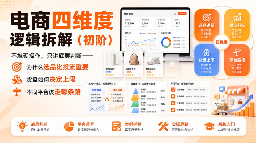 电商四维度逻辑拆解(初阶)不堆砌操作，只讲底层判断——为什么选品比投流重要、货盘如何决定上限、不同平台该走哪条路-佰因轻创网