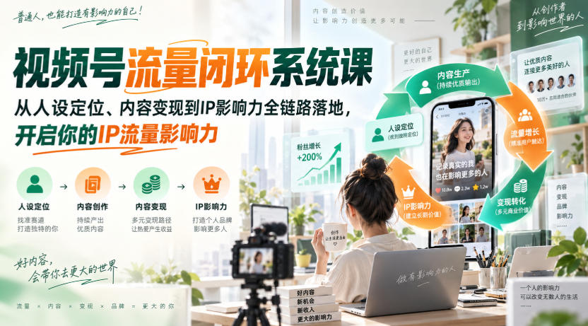 视频号流量闭环系统课，从人设定位、内容变现到IP影响力全链路落地，开启你的IP流量影响力-佰因轻创网