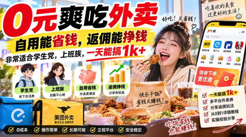 0元爽吃外卖，自用能省钱，返佣能挣钱，非常适合学生党，上班族，一天能搞1k+-佰因轻创网