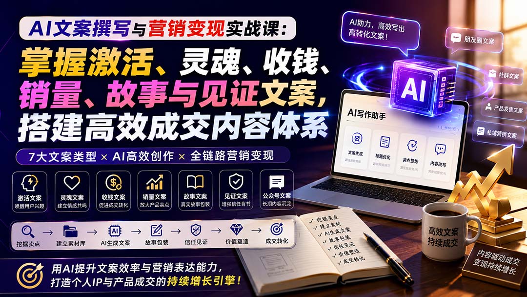 AI文案撰写与营销变现实战课：掌握激活、灵魂、收钱、销量、故事与见证文案，搭建高效成交内容体系-佰因轻创网
