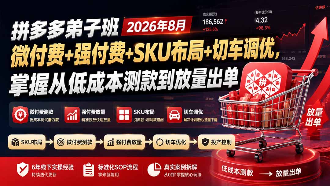 拼多多弟子班2026年8月:微付费+强付费+SKU布局+切车调优,掌握从低成本测款到放量出单-佰因轻创网