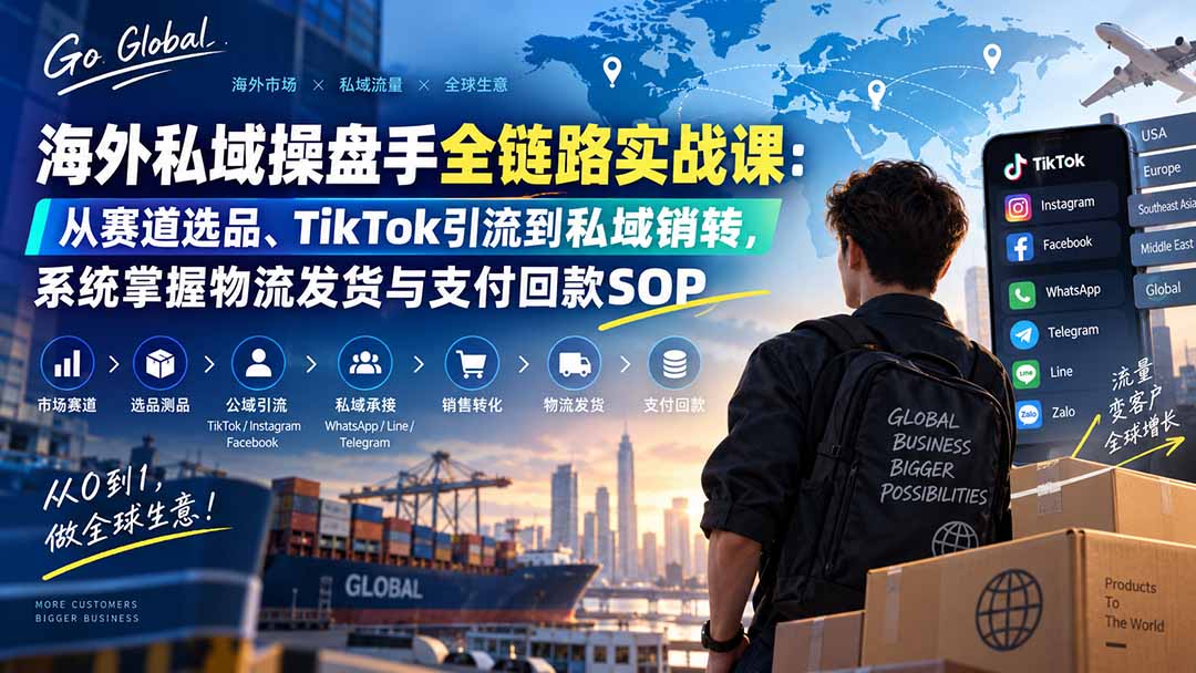 海外私域操盘手全链路实战课:从赛道选品、TikTok引流到私域销转,系统掌握物流发货与支付回款SOP-佰因轻创网