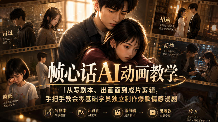 帧心话AI动画教学｜从写剧本、出画面到成片剪辑，手把手教会零基础学员独立制作爆款情感漫剧-佰因轻创网