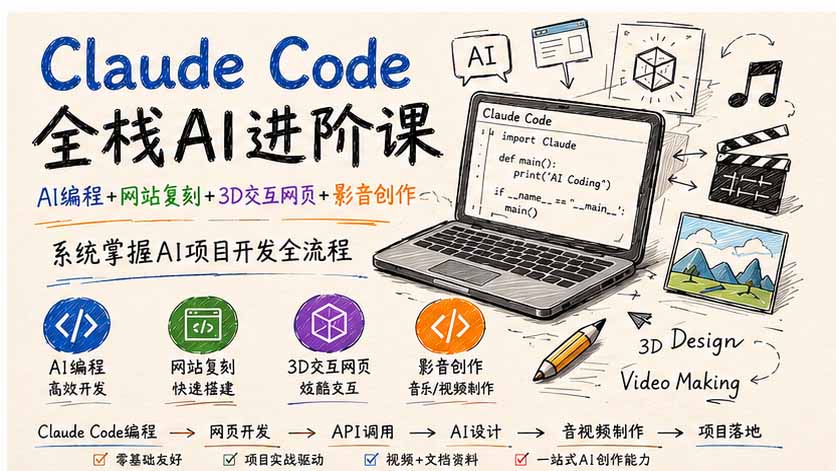 Claude Code全栈AI进阶课；AI编程+网站复刻+3D交互网页+影音创作，系统掌握AI项目开发全流程-佰因轻创网