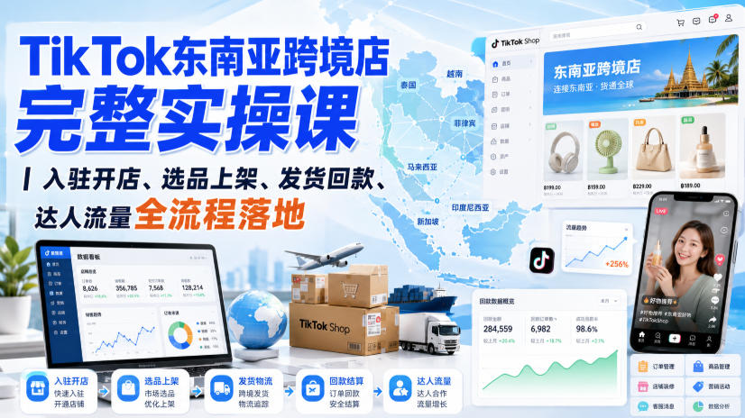 TikTok东南亚跨境店完整实操课｜入驻开店、选品上架、发货回款、达人流量全流程落地-佰因轻创网