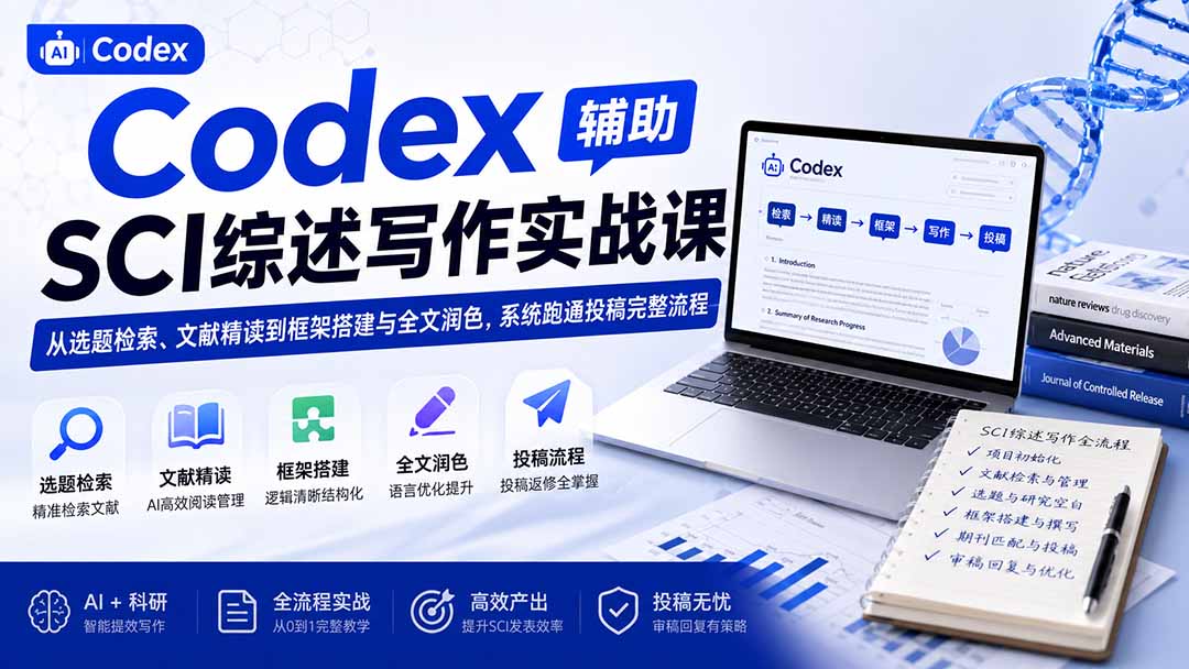 Codex辅助SCI综述写作实战课——从选题检索、文献精读到框架搭建与全文润色，系统跑通投稿完整流程-佰因轻创网