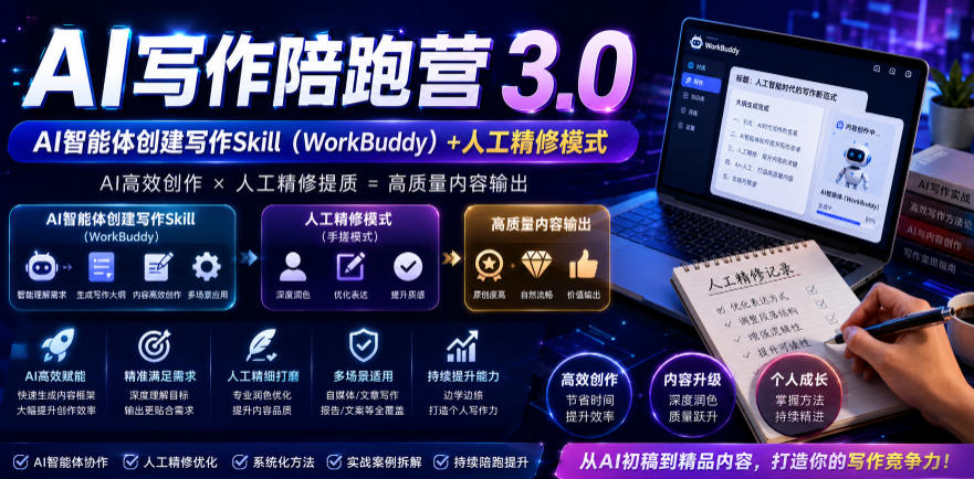 AI写作陪跑营3.0，Ai智能体创建写作skill(workbuddy)+人工手写模式(手搓模式)，去除AI痕迹(头条号、公众号、百家号)(更新0907)-佰因轻创网