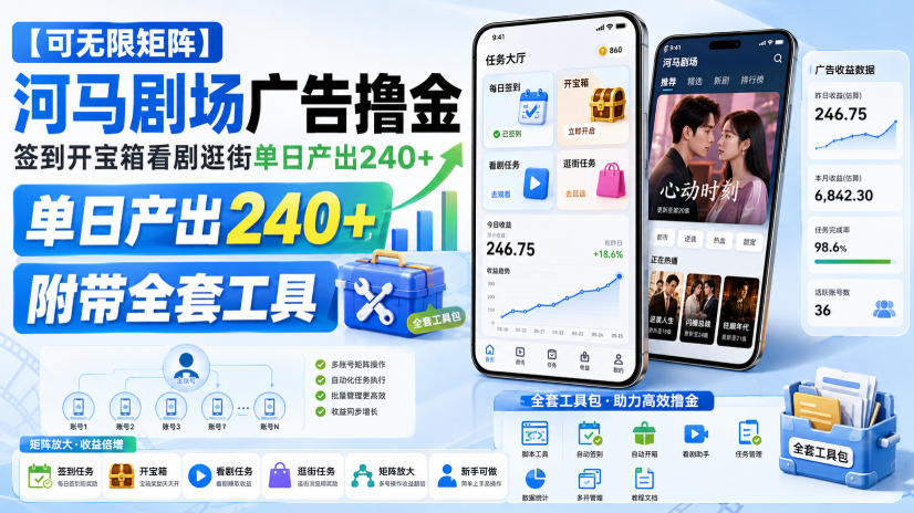 【可无限矩阵】河马剧场广告撸金，签到开宝箱看剧逛街单日产出240+，附带全套工具【揭秘】-佰因轻创网
