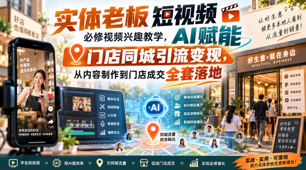 实体老板短视频必修视频兴趣教学,AI赋能门店同城引流变现,AI+短视频+直播打爆实体客流量-佰因轻创网